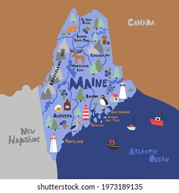 Maine infographic flat hand drawn vector illustration  American state map isolated blue background  Maine travel routes  landmarks and city names lettering cartoon cliparts