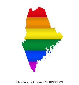 Maine LGBT flag map. Vector illustration. Slightly wavy rainbow gay pride flag map.