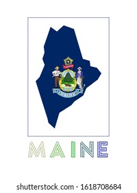 Maine Logo. Map of Maine with state name and flag. Astonishing vector illustration.