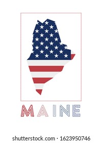 Maine Logo. Map of Maine with US state name and flag. Attractive vector illustration.
