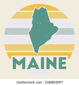 Maine logo. Sign with the map of us state and colored stripes, vector illustration. Can be used as insignia, logotype, label, sticker or badge of the Maine.