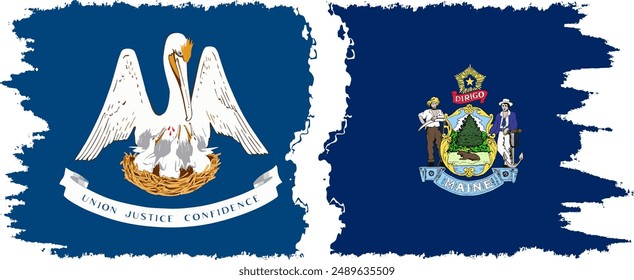 Maine and Louisiana states grunge brush flags connection, vector