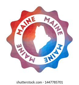 Maine low poly logo. Colorful gradient travel logo of the US state in geometric style. Multicolored polygonal Maine rounded sign with map for your infographics.