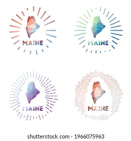 Maine low poly sunburst set. Logo of US state in geometric polygonal style. Vector illustration.