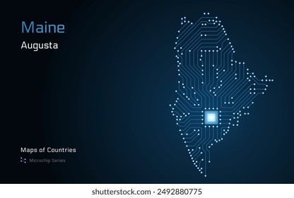 Mapa de Maine con la capital de Augusta en un patrón de microchip. Gobierno electrónico. Mapas de Vector de Estados Unidos. Serie de microchips