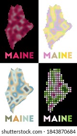 Maine map. Collection of maps of Maine in dotted style. Borders of the US state filled with rectangles for your design. Vector illustration.