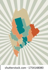 Maine map. Poster with map of the US state in retro color palette. Shape of Maine with sunburst rays background. Vector illustration.