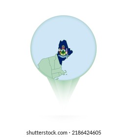 Maine map, stylish location icon with Maine map and flag. Green pin icon.