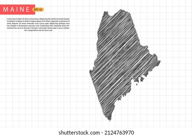 Maine Map - USA, United States of America Map template with black outline graphic sketch and old school style isolated on white grid background - Vector illustration eps 10