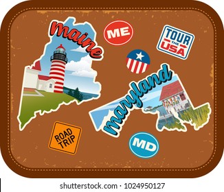 Reiseaufkleber von Maine, Maryland mit landschaftlichen Attraktionen und Retro-Text auf Vintage-Koffer-Hintergrund