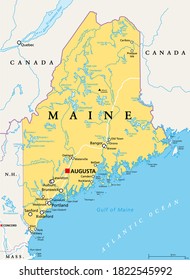 Maine, ME, political map with capital Augusta. Northernmost state in the United States of America, and located in the New England region. The Pine Tree State. Vacationland. Illustration. Vector.