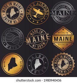 Maine, ME, USA Business Metal Stamps. Gold Made In Product Seal. National Logo Icon. Symbol Design Insignia Country.