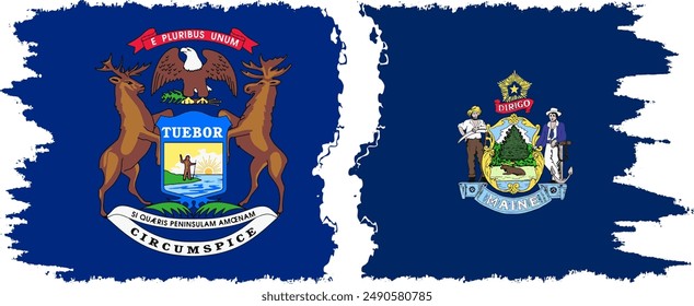 Maine and Michigan states grunge brush flags connection, vector