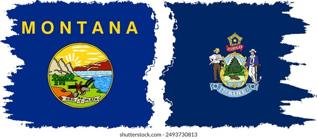 Maine and Montana states grunge brush flags connection, vector