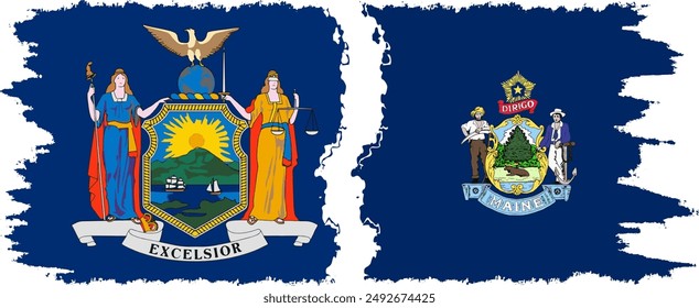 Maine and New York states grunge brush flags connection, vector