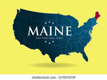 Maine with nickname The Pine Tree State on USA map, Vector EPS 10.