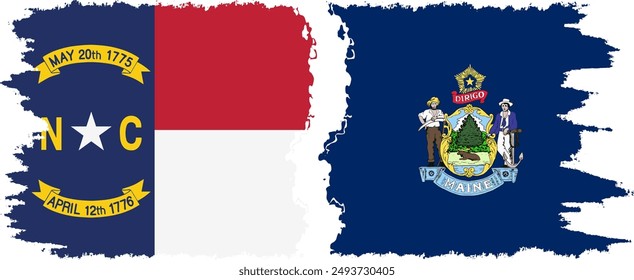Maine and North Carolina states grunge brush flags connection, vector