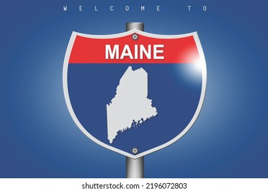 Maine on highway road sign over blue background, 3d rendering 