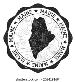 Maine outdoor stamp. Round sticker with map of us state with topographic isolines. Vector illustration. Can be used as insignia, logotype, label, sticker or badge of the Maine.