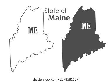 Maine. The outline and silhouette of the state with the abbreviated abbreviation of the name. The state border. A template for the design of printed products
