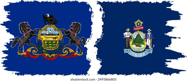 Maine and Pennsylvania states grunge brush flags connection, vector