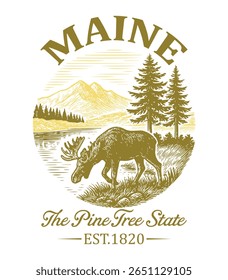 Maine The Pine Tree State - Estado dos EUA Vintage T-shirt Vetor, Estados dos EUA Cityscape Landmark Ícones, Estado Americano Tipografia Camisa, USA Skyline Clipart, Retro viagem cidade ilustração
