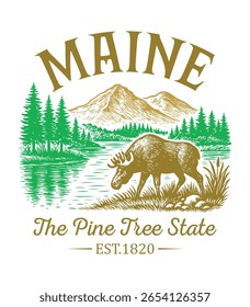 Maine The Pine Tree State - Estados Unidos Estado Cityscape T-shirt Vetor, Ícones americanos de referência, Vintage Estados Cityscape Camisa, Retro Travel City Art, Estados Citações de referência, Estado Férias Ilustração