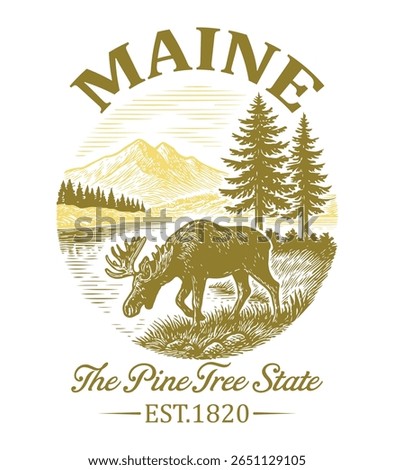 Maine The Pine Tree State - US State Vintage T-shirt Vector, USA States Cityscape Landmark Icons, American State Typography Shirt, USA Skyline Clipart, Retro travel city illustration
