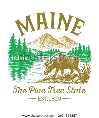 Maine The Pine Tree State - Us State Cityscape T-shirt Vector, American Landmark Icons, Vintage States Cityscape Shirt, Retro Travel City Art, States Landmark Quotes, State Vacation Illustration