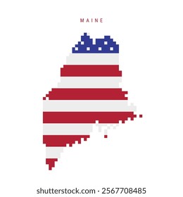 Maine pixel flag map icon. 8 bit pixel art map covered with american flag. Flat vector illustration isolated on white background.