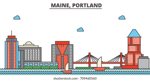 Maine, Portland.City skyline: architecture, buildings, streets, silhouette, landscape, panorama, landmarks, icons. Editable strokes. Flat design line vector illustration concept.
