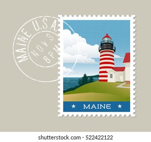 Maine postage stamp design. Vector illustration of lighthouse and Atlantic coast. grunge postmark on separate layer