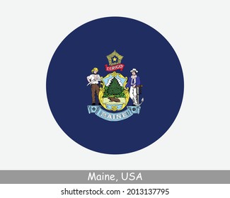 Maine Round Circle Flag. ME USA State Circular Button Banner Icon. Maine United States of America State Flag. The Pine Tree State EPS Vector