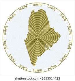 Projeto do logotipo redondo do Maine. Forma de estado de anéis. Texto do Maine ao redor do estado. Ilustração de vetor.