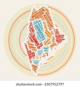 Maine Round Poster. Typography style image of State. Counties word clouds of Maine. Vintage image design with scratch texture.