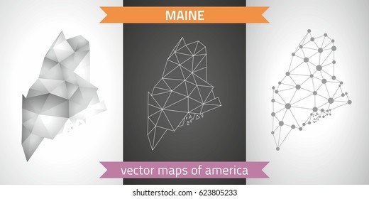 Maine set of grey and silver mosaic 3d polygonal maps.Graphic modern maps.