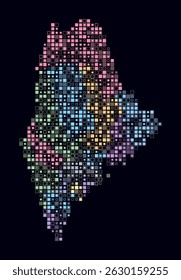 Maine, shape of the state build of colored cells. Digital style map of the Maine on dark background. Small size square blocks. Modern vector illustration.