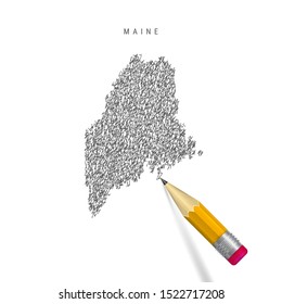 Maine sketch scribble map isolated on white background. Hand drawn vector map of Maine. Realistic 3D pencil with eraser.