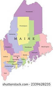 Maine state administrative map with counties. Clored. Vectored. Bright colors