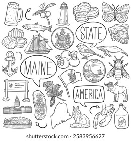Maine State Doodle Icons Black and White Line Art. United States Clipart Hand Drawn Symbol Design.