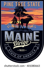 Maine state emblem, sunset on a dark background