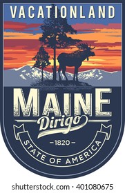 Maine state emblem, sunset on a blue background