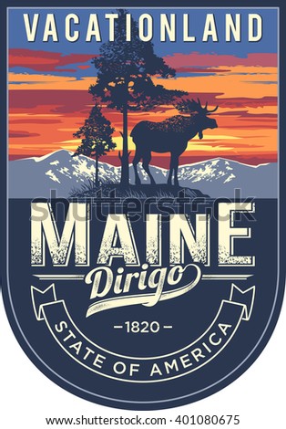 Maine state emblem, sunset on a blue background