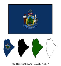 Maine state Flag. Maine state map. Maine Flag and map outline and solid. eps file. vector illustration. 