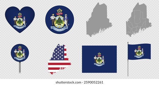Maine State Flags and Maps Icon Pack. Vector illustration.