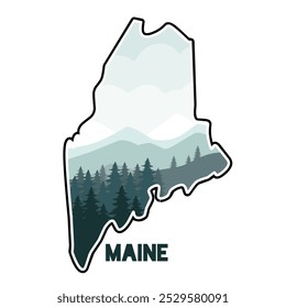 Maine State Illustration with Pine Trees and Mountain Landscape