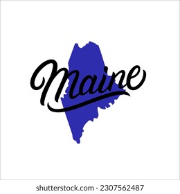 Maine state lettering text and map. Use for USA cards, print, decor, poster, banner. Vector illustration.