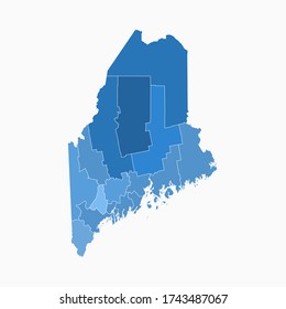 Maine State Map Administration Division Blue Color. Arkansas Map Vector Illustration Eps10