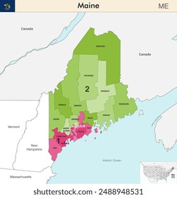 Maine state map with counties borders and colored congressional districts boundaries due to The 2020 United States census and which is valid since 2023. Flag of Maine. Vector