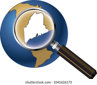 Maine State Map Enlarged with Magnifying Glass on Globe
